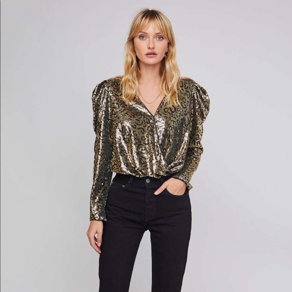 Like New ASTR Shimmy Leopard Sequin Bodysuit Size Small